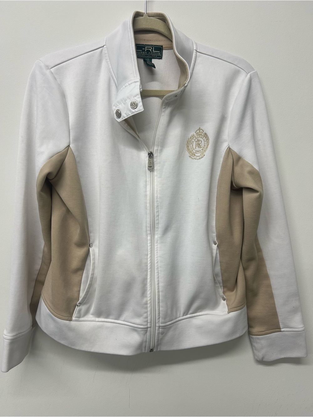 Ralph Lauren Active White & Tan Zip-Front Bomber Jacket